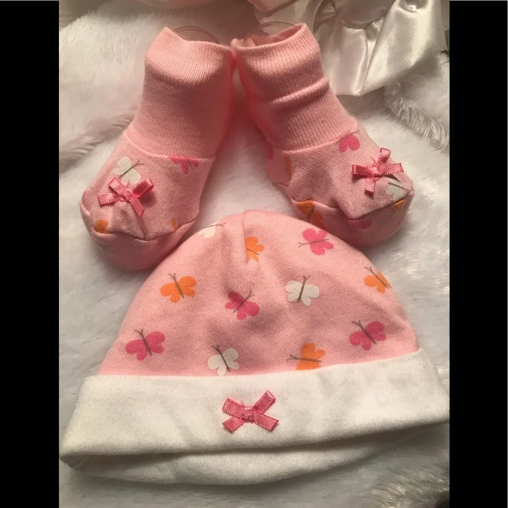 Preemie Baby Pink Butterfly Bow Booties Beanie Set